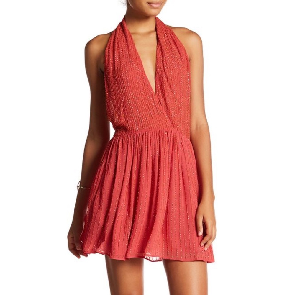 RAGA Embellished Be Mine Mini Dress Size S Vibrant Red Backless Halter Neck